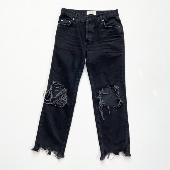 Free People Denim - Free People Destroyed Straight Jeans 25 Distressed Black Denim High Rise Raw Hem